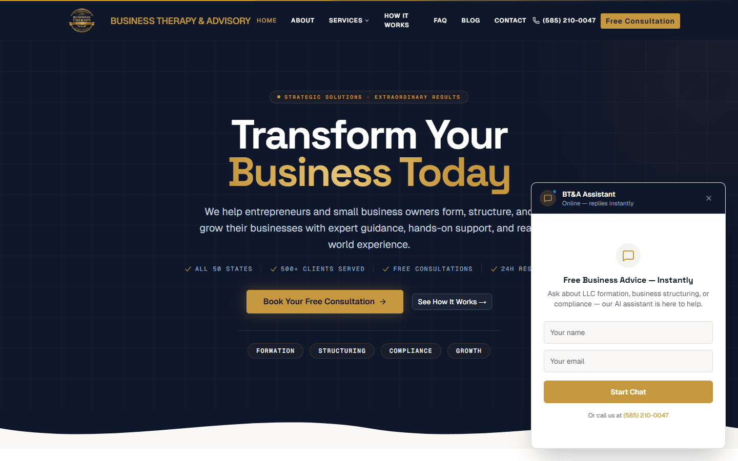 AI chatbot widget answering "How do I start an LLC?" with a detailed response grounded in business formation knowledge