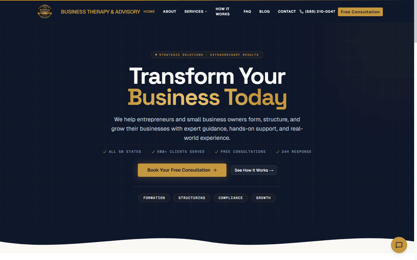 Business Therapy & Advisory homepage hero with "Transform Your Business Today" headline in white and gold serif