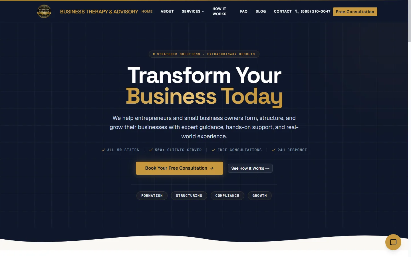 Dark navy hero with gold accents and trust bar showing all 50 states, 500+ clients, free consultations