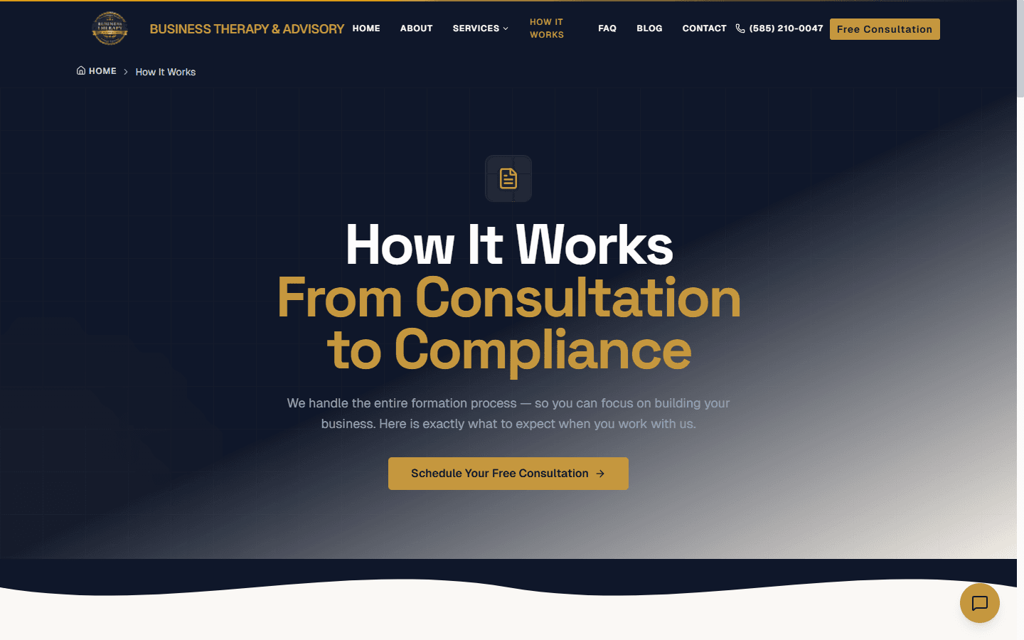 How It Works page detailing the consultation, strategy, and formation process from first call to compliance