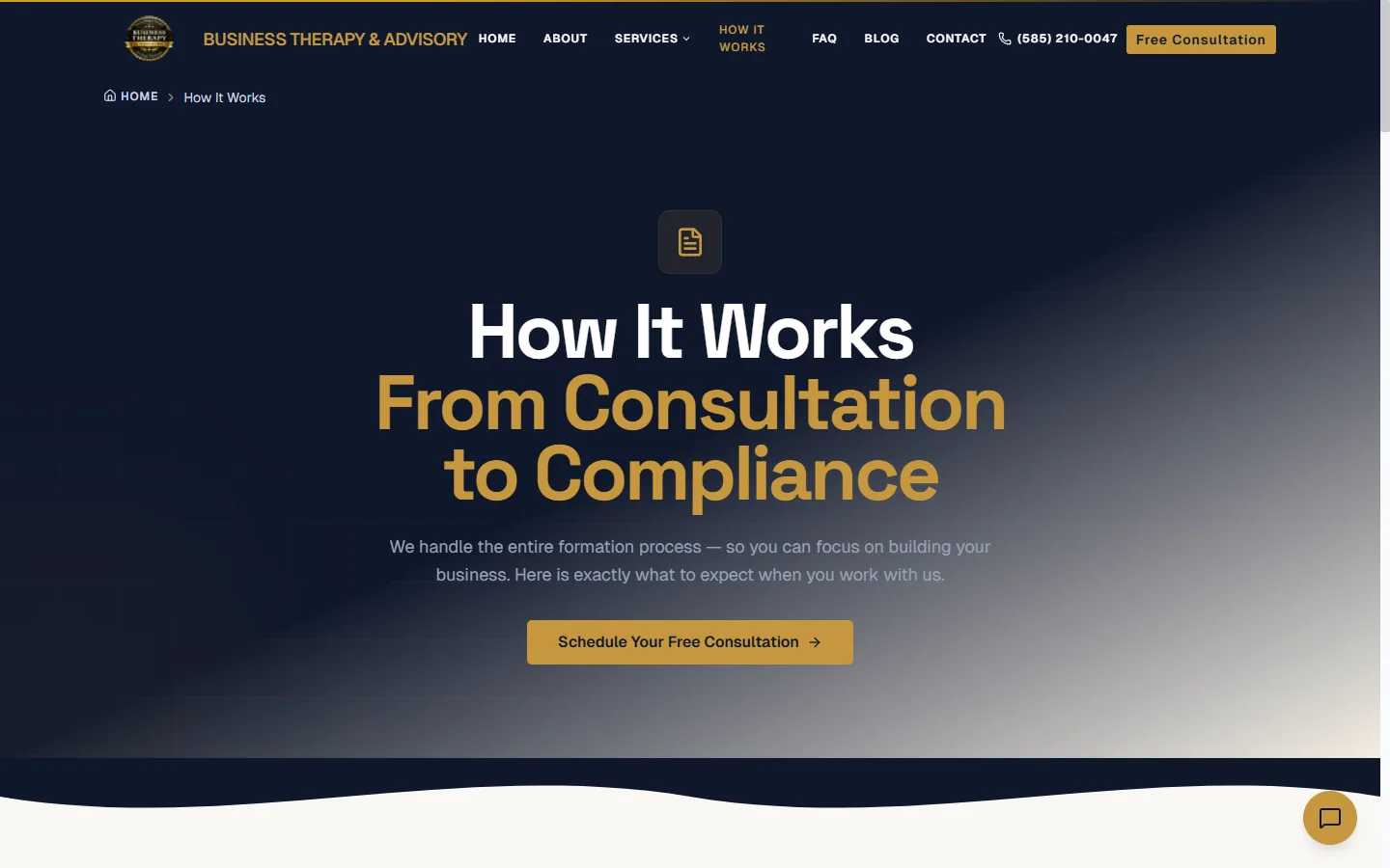 How It Works page detailing the consultation, strategy, and formation process from first call to compliance
