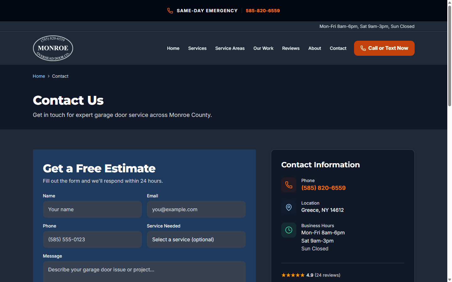 Contact page with free estimate form — name, email, phone, service, message