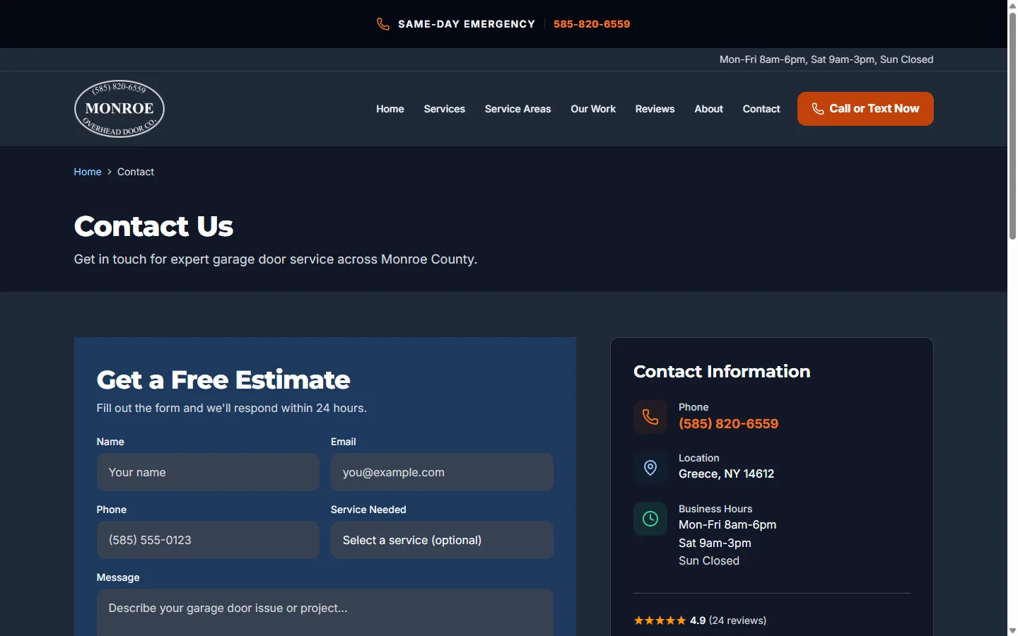 Contact page with free estimate form — name, email, phone, service, message