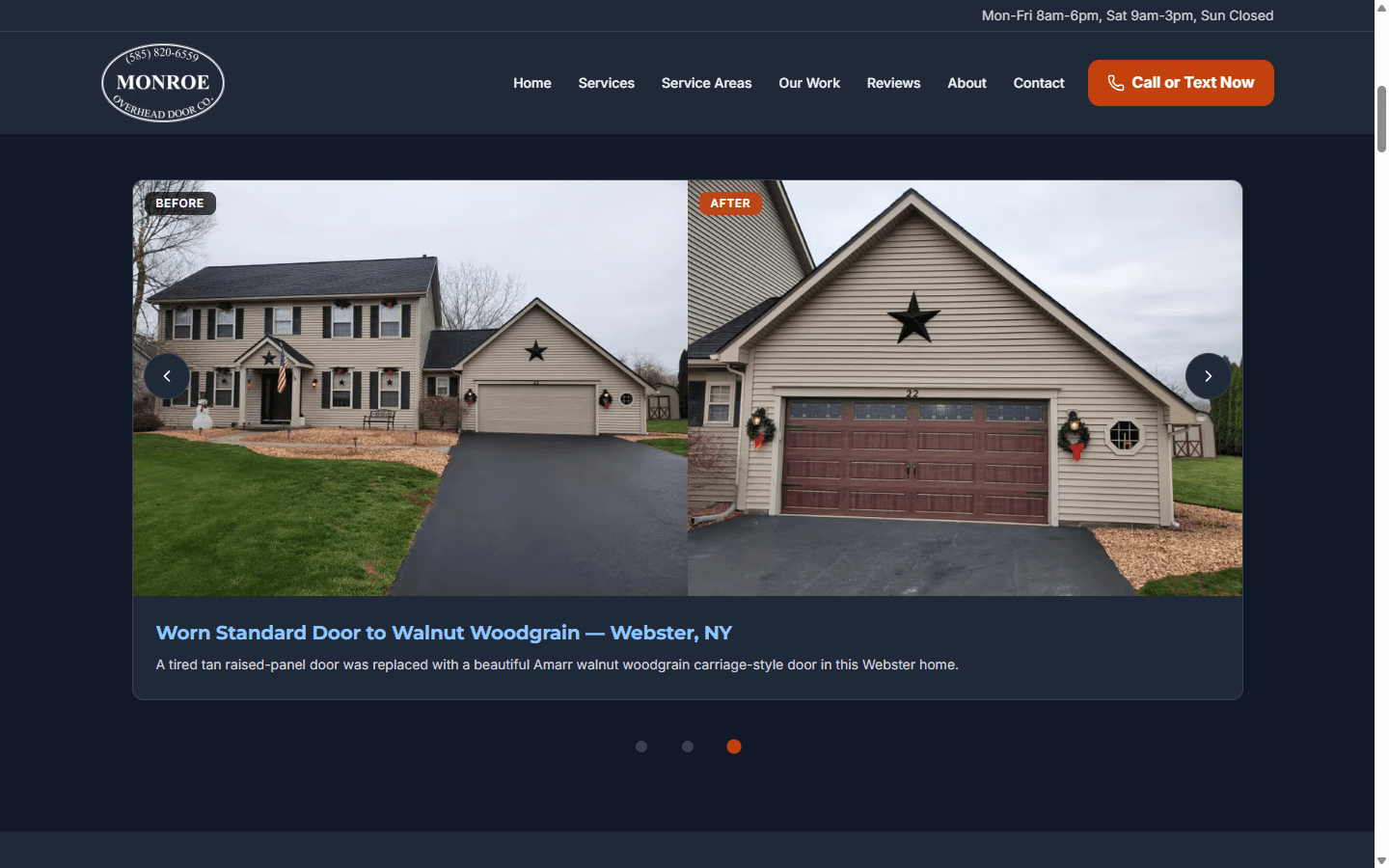 Our Work page showing before/after garage door installations in Webster, NY