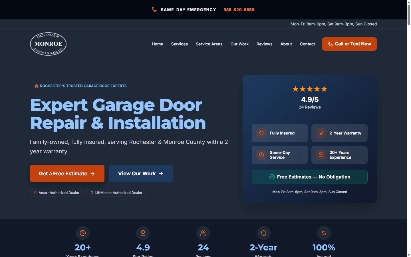 Monroe Overhead Door homepage hero showing "Expert Garage Door Repair & Installation" headline with a 4.9/5 rating card