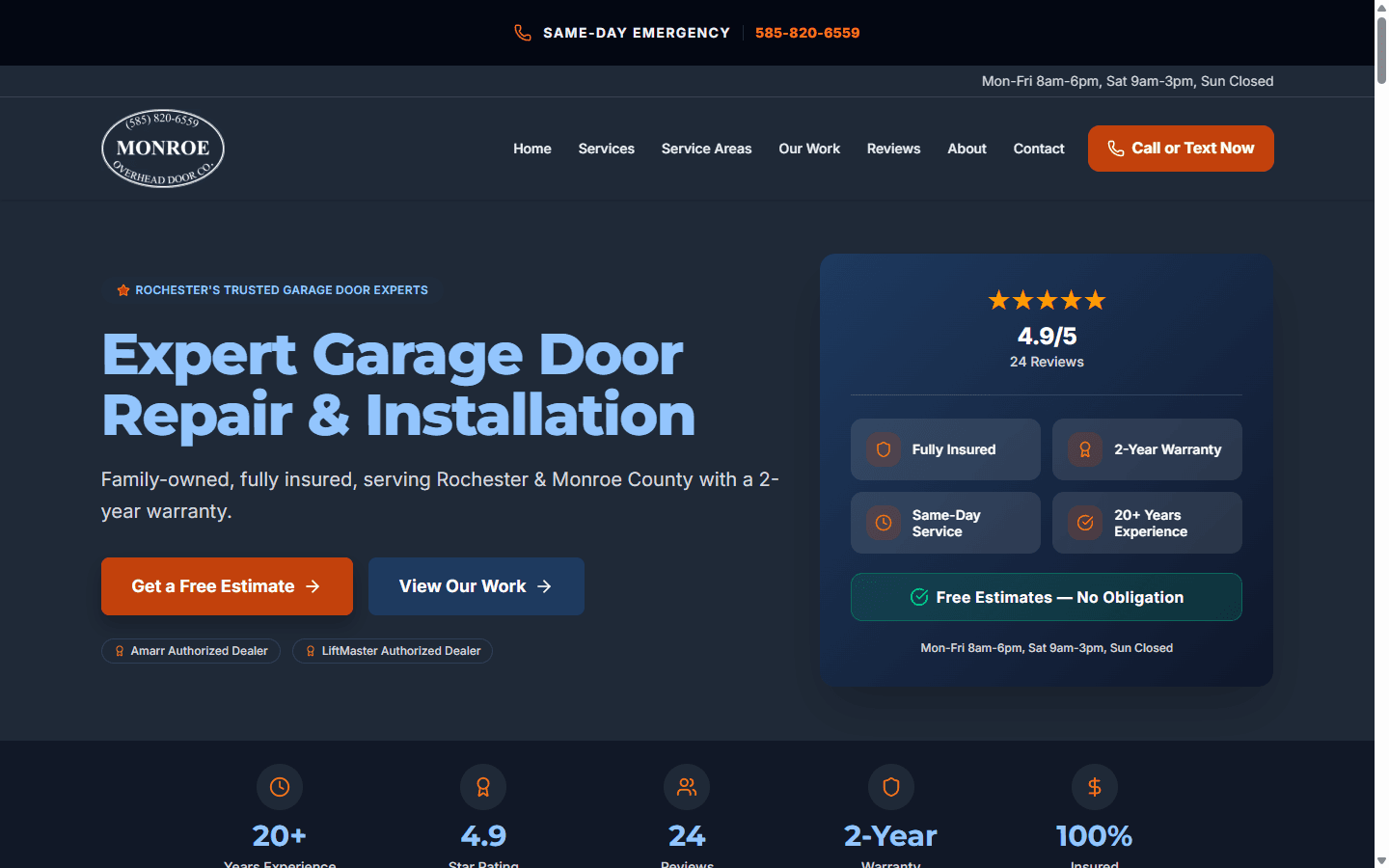 Homepage hero with navy background and orange "Get a Free Estimate" CTA