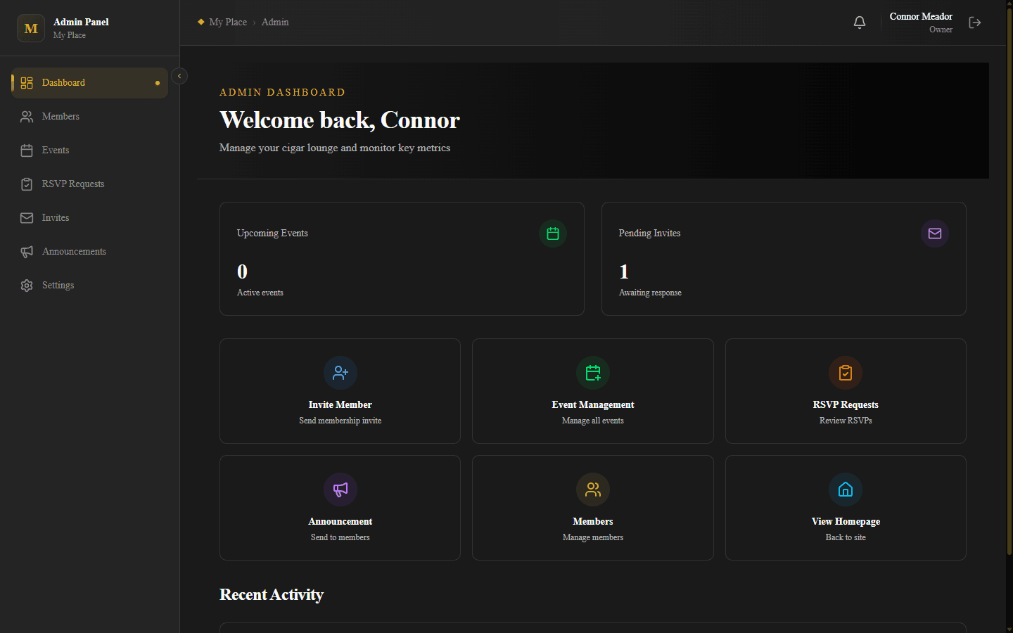 Admin panel dashboard with sidebar navigation, upcoming events, pending invites, and quick action cards