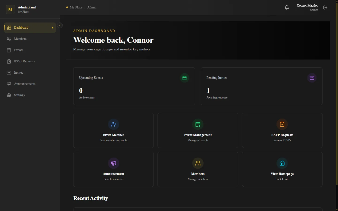 Admin panel dashboard with sidebar navigation, upcoming events, pending invites, and quick action cards