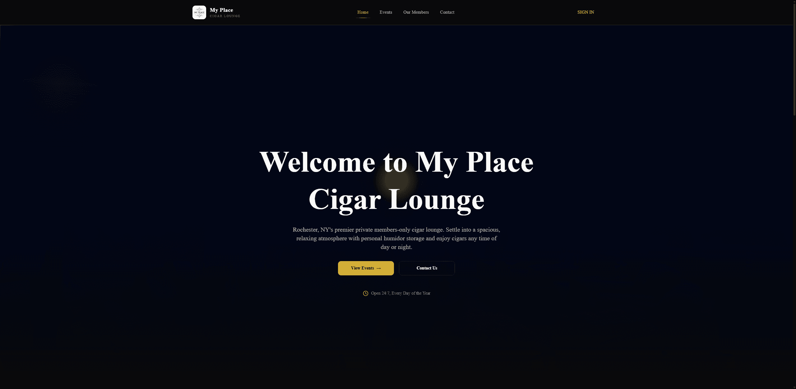 My Place Cigar Lounge homepage hero — "Welcome to My Place Cigar Lounge" in serif on a deep black background with gold accents