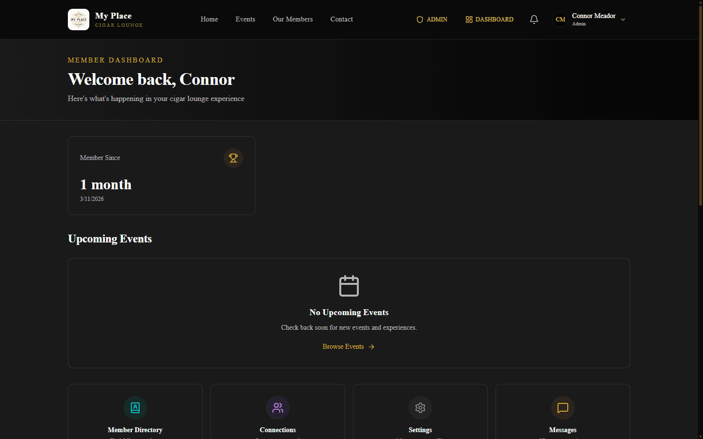 Authenticated member dashboard with stats, upcoming events, quick actions, and cigar profile