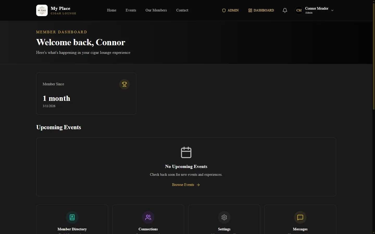 Authenticated member dashboard with stats, upcoming events, quick actions, and cigar profile
